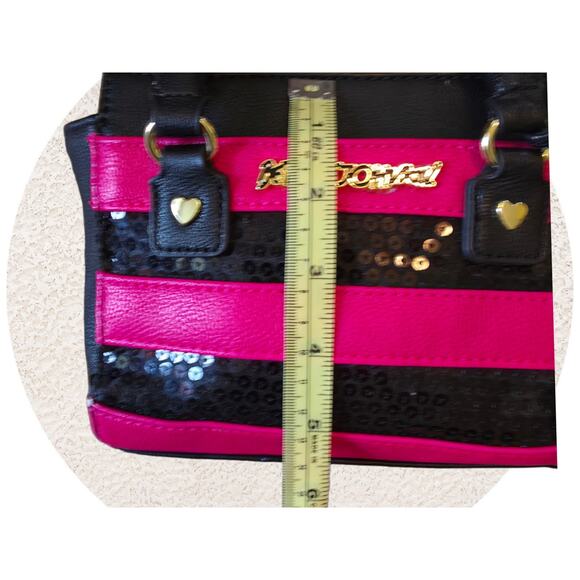 Betsey Johnson Hot Pink & Black Striped Sequin Small Satchel - Picture 9 of 12